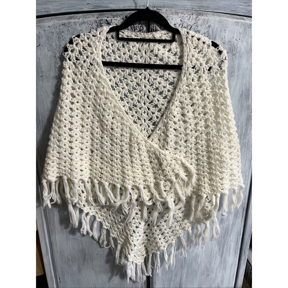 Handmade crochet fringe shawl Boho cottage core feminine Osfm White